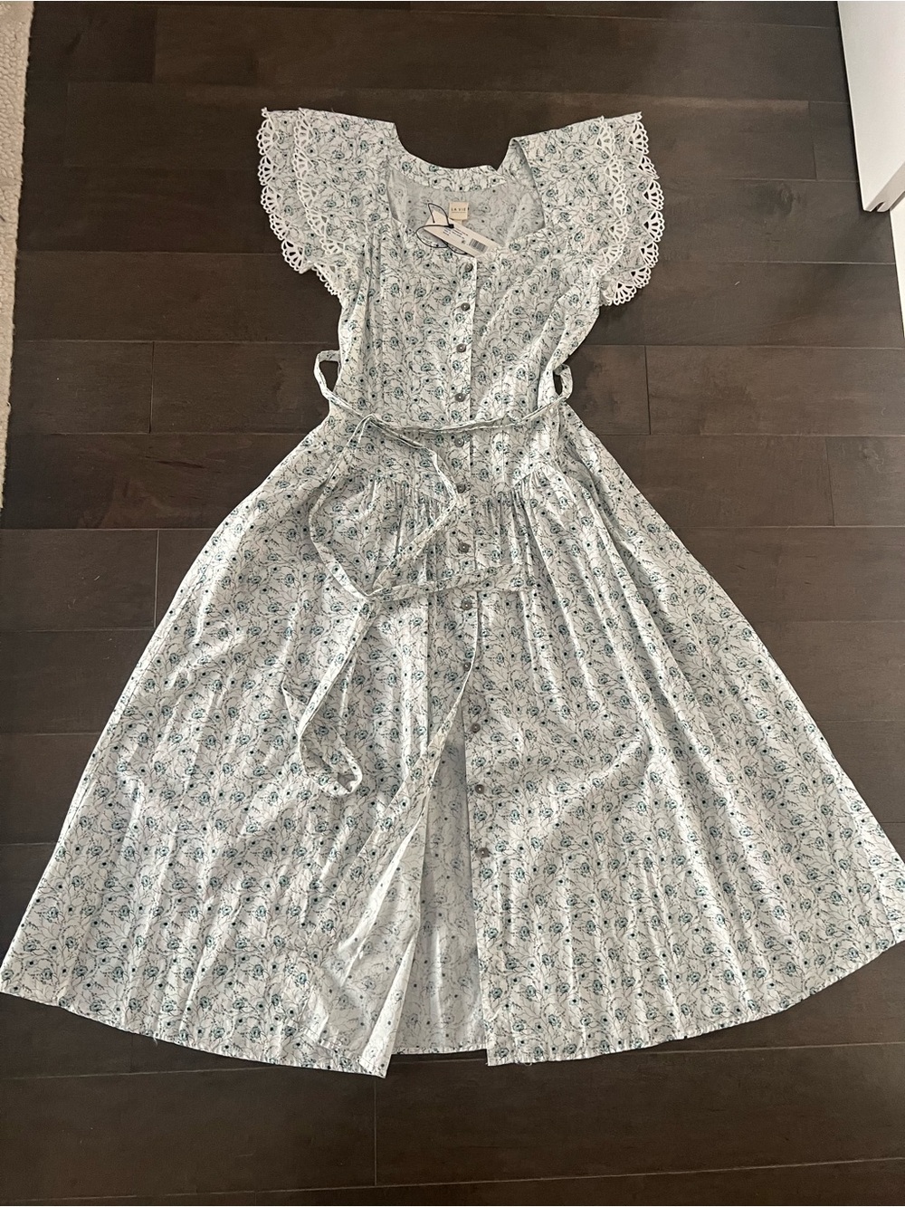 Lightweight White and Blue Floral Midi Dress with Lace Sleeves